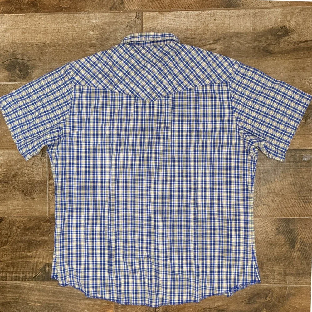 Wrangler Rustler VTG Western Plaid Single‎ Stitch Snap SS Shirt,Blue Yellow,XLT